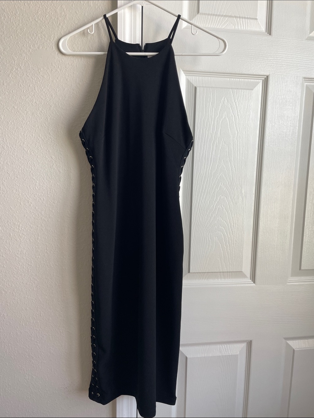 Sleek Black Halter Midi Dress with Side Lace-Up Details